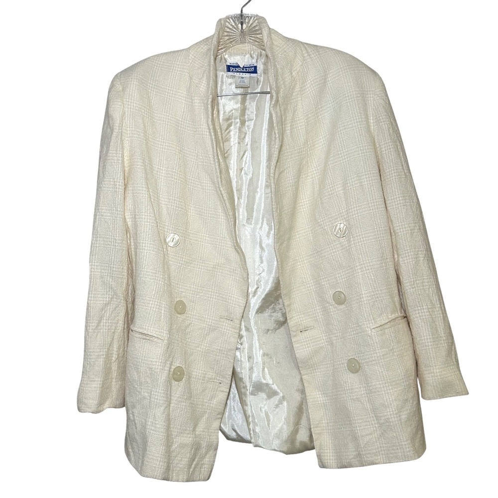 Pendleton Classic Womens Cream Plaid Double Breasted Blazer Jacket 10 career